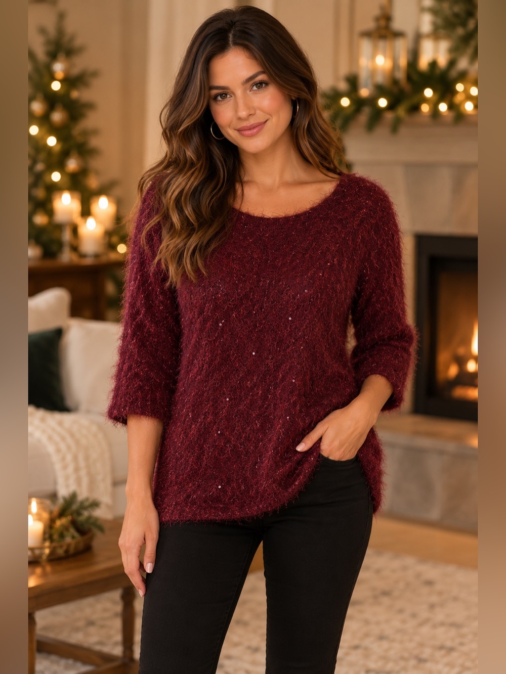 Burgundy Fuzzy Eyelash Sequin Sweater Tunic 3/4 Sleeve Holiday Medium Alfani